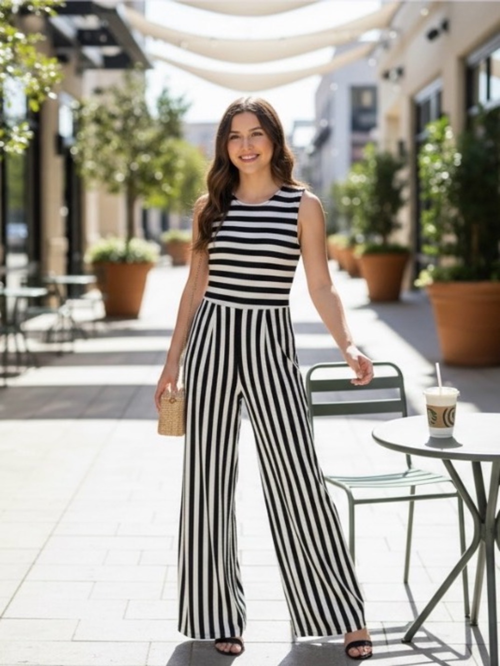 Sequin Hearts Black & White Striped Sleeveless Wide-Leg Jumpsuit
